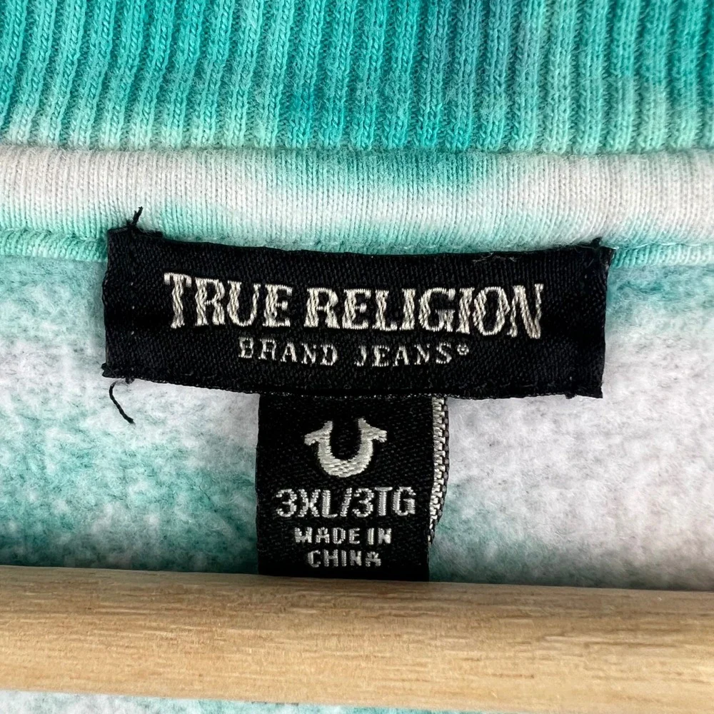 True Religion Mens 3XL Tie Dye Box Logo Crewneck Sweatshirt Teal White Pullover